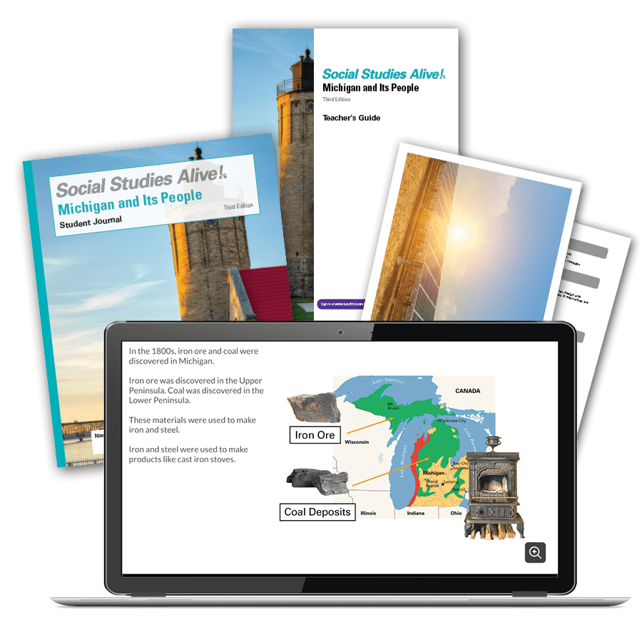 covers for the Michigan and Its People student journal, teachers' guide, and activity cards with a laptop open in front