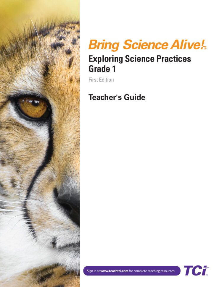 Close-up of a cheetahs face next to white text for a Grade 1 science teachers guide titled Bring Science Alive!.