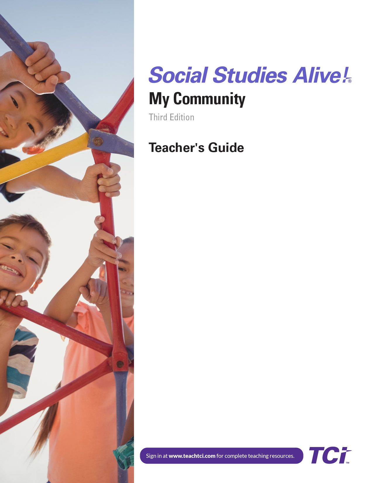 Three smiling children climb on colorful playground bars next to the cover text for a Social Studies teachers guide.