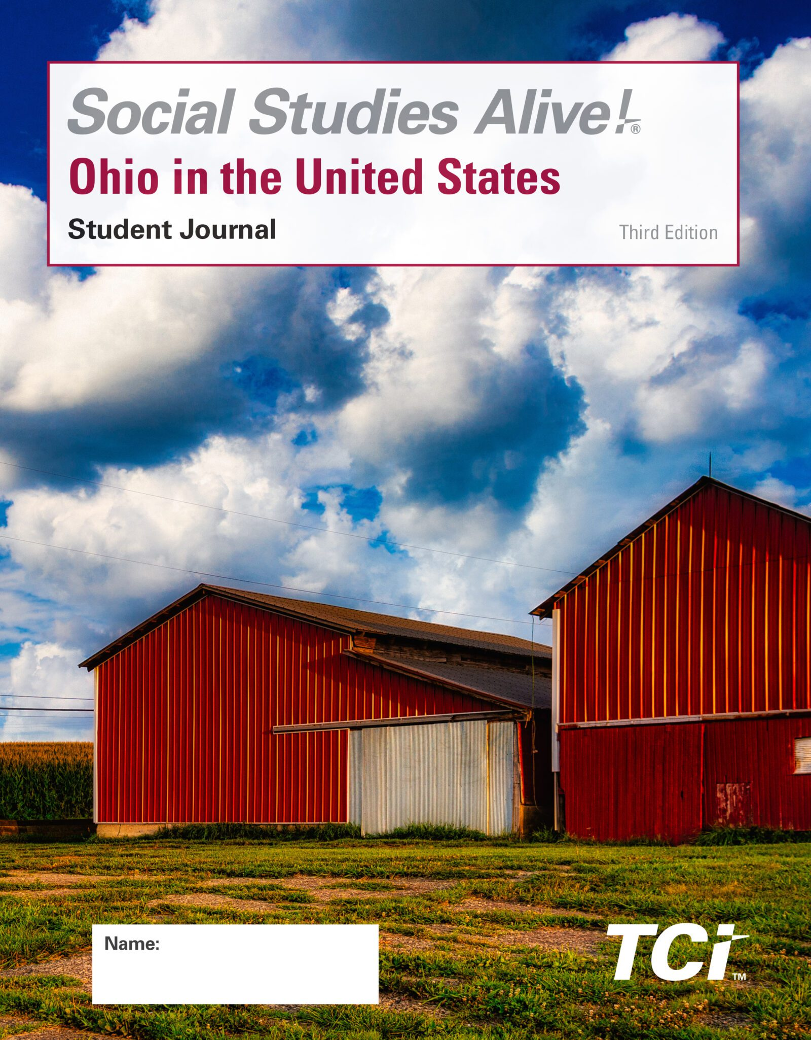Cover of Social Studies Alive! Ohio in the United States with red barns under a cloudy sky.