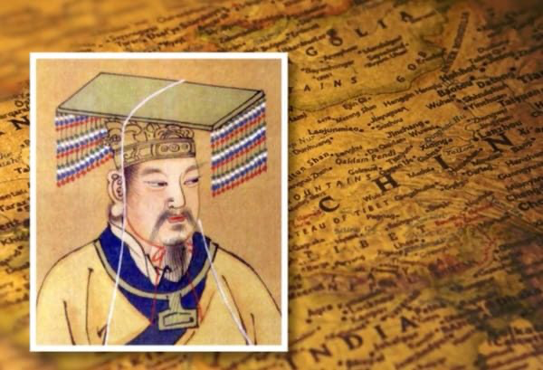 Ancient Chinese emperor illustration overlaid on an old map showing China and neighboring regions.