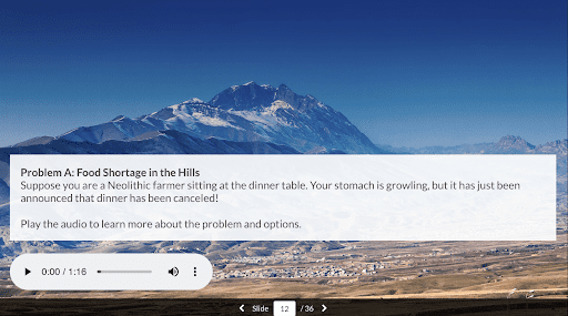 Mountain landscape with text box describing a food shortage scenario for a Neolithic farmer and an audio player below.