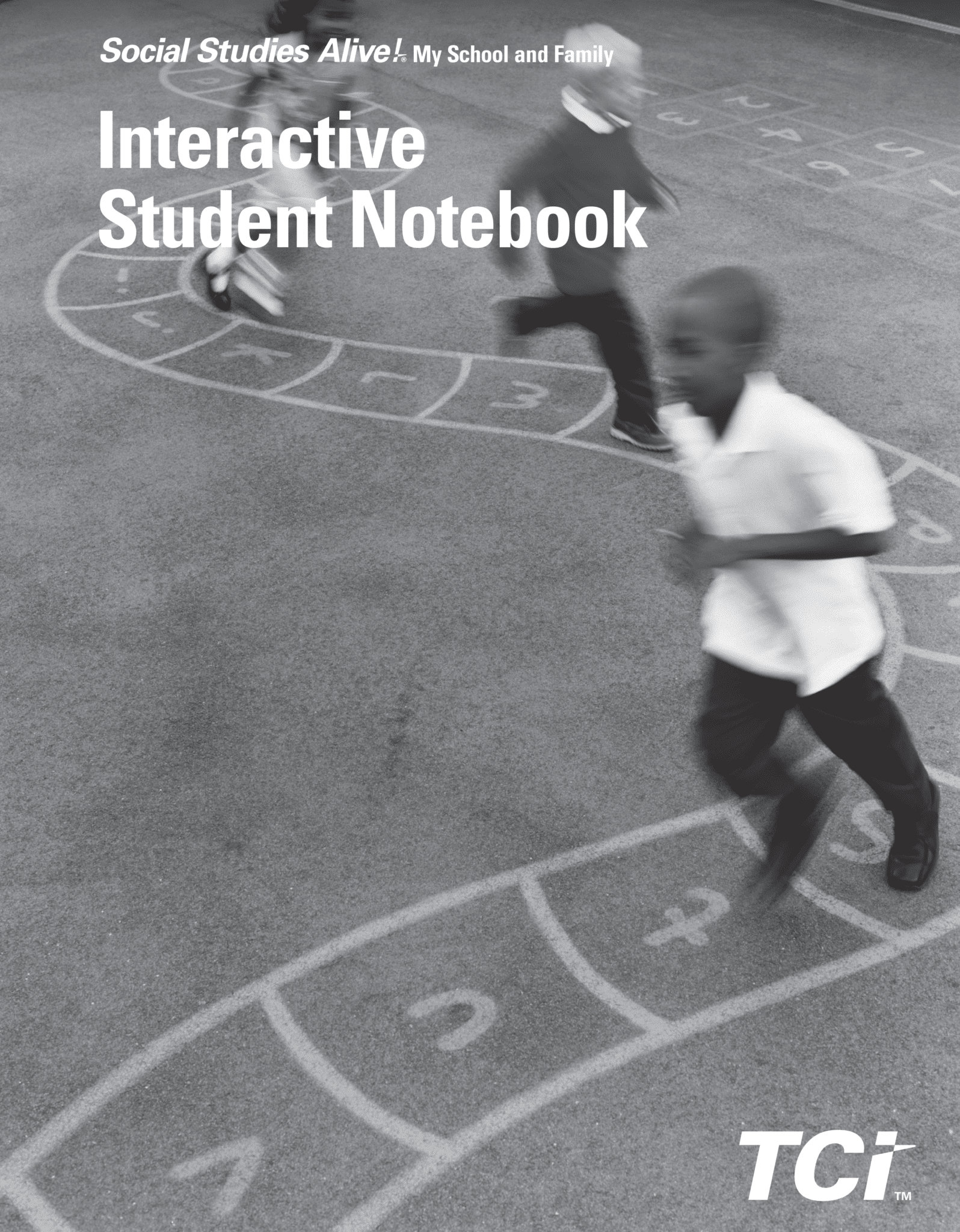 Two children run on a hopscotch court on a playground; text reads Interactive Student Notebook..
