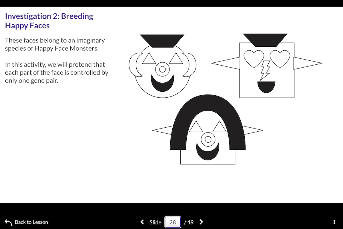 Three black-and-white cartoon faces with different shapes and features, illustrating imaginary Happy Face Monsters..