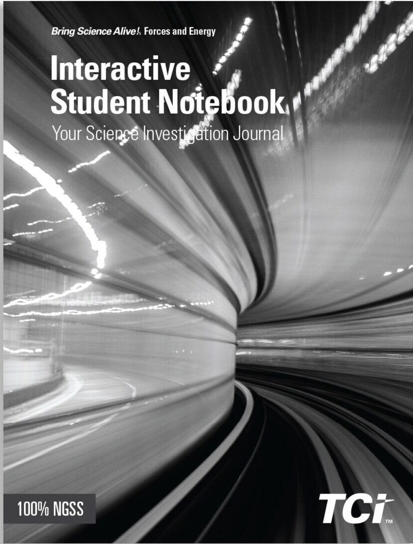 Black and white cover of Interactive Student Notebook with blurred motion lines and science journal text.