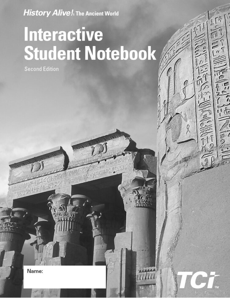 Ancient Egyptian temple columns and carvings with Interactive Student Notebook text overlay.