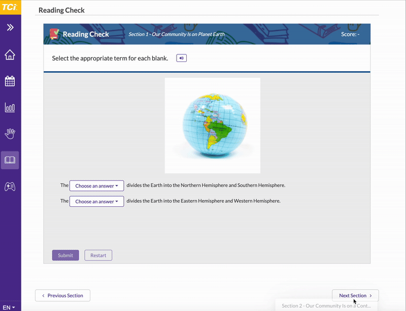 Screenshot of a geography quiz asking users to identify hemispheres on a globe image.