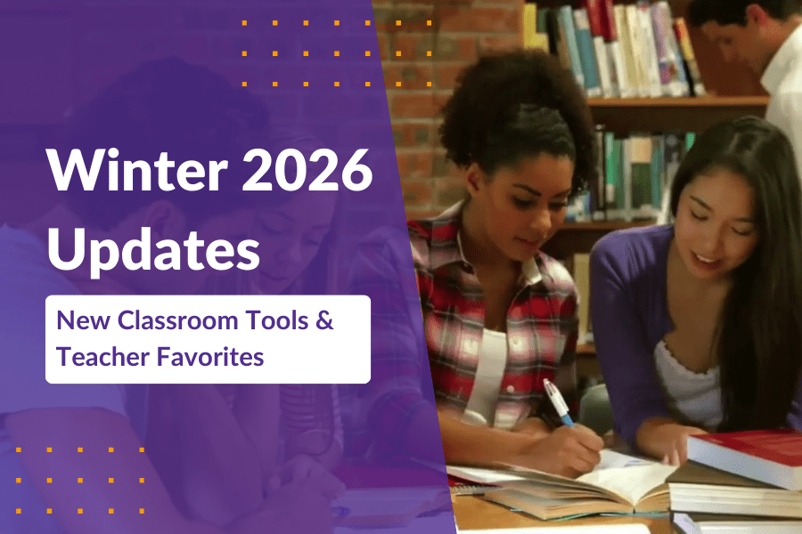 Winter 2026 Updates: New Classroom Tools & Teacher Favorites, with students studying in a library.