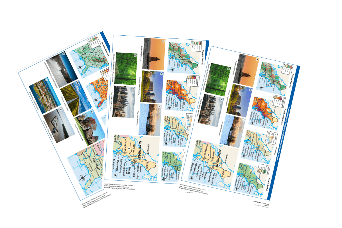 Three tilted sheets with maps, landmark photos, and travel routes, displayed against a white background.