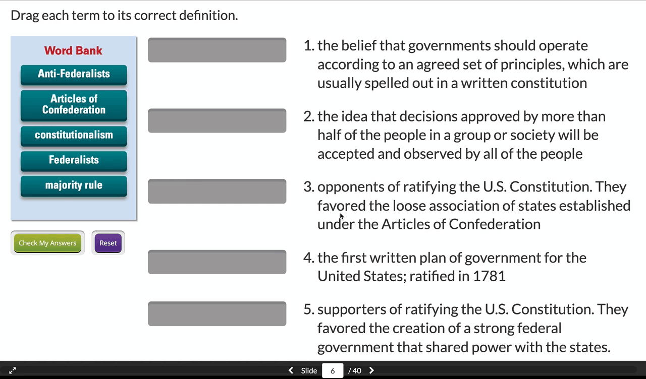 A drag-and-drop quiz asks users to match terms to five U.S. government-related definitions with gray boxes for answers.