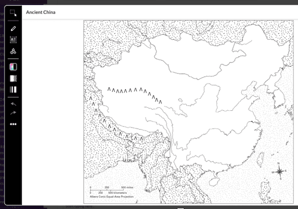 Black and white map of Ancient China with mountains, rivers, and coastline outlined, but no labels or colors.