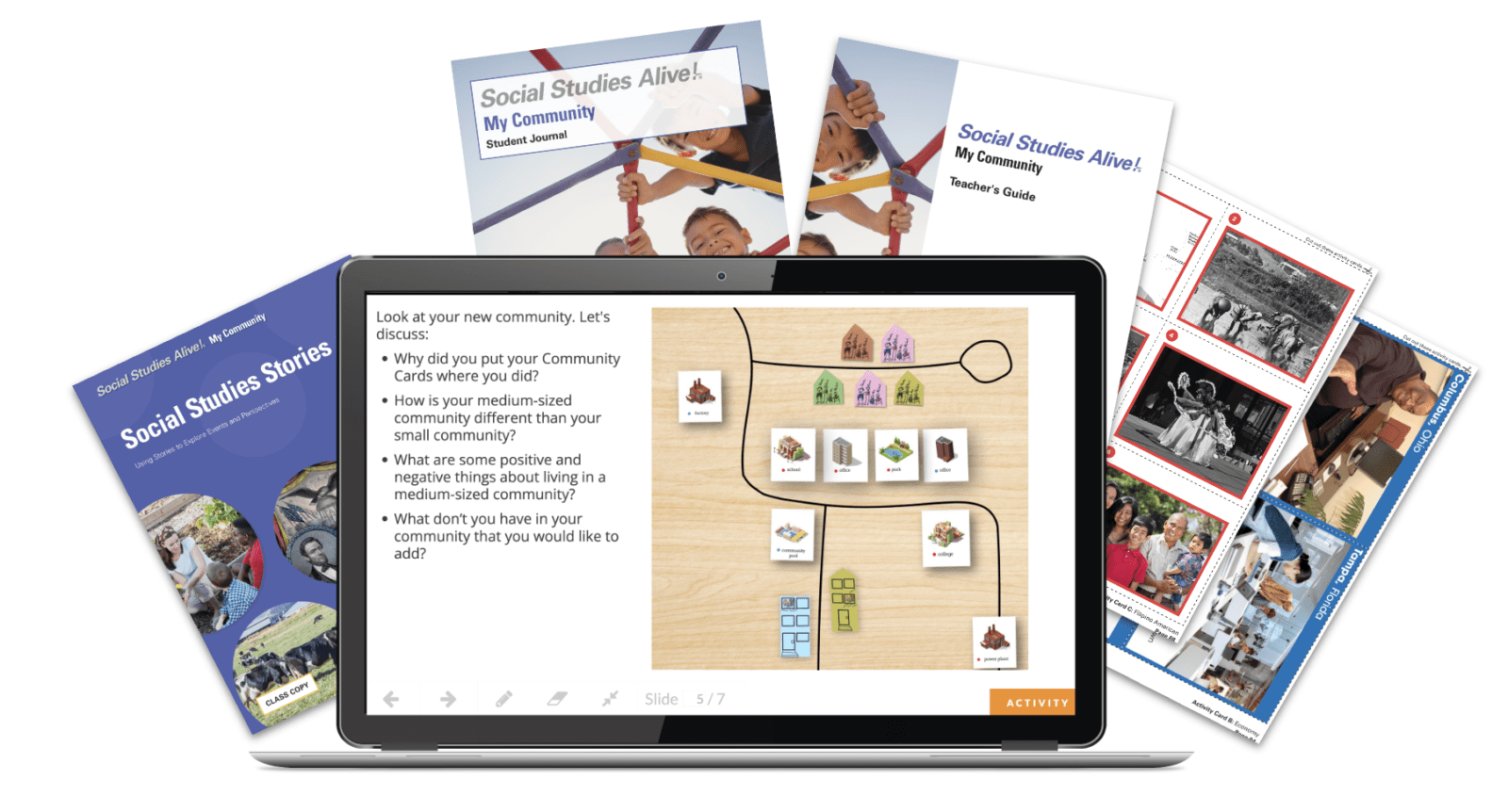 A laptop displays a community activity; behind it are social studies books and teaching materials.