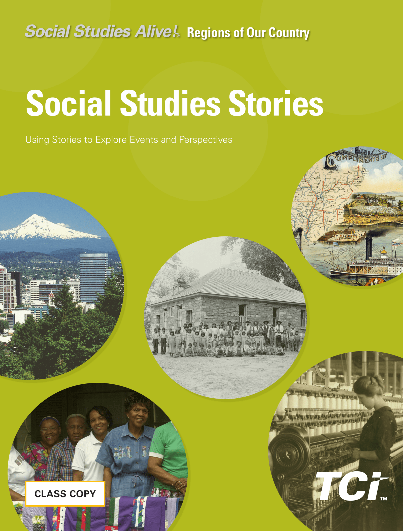 Text says Social Studies Stories with four historical images in circular frames on a green background.