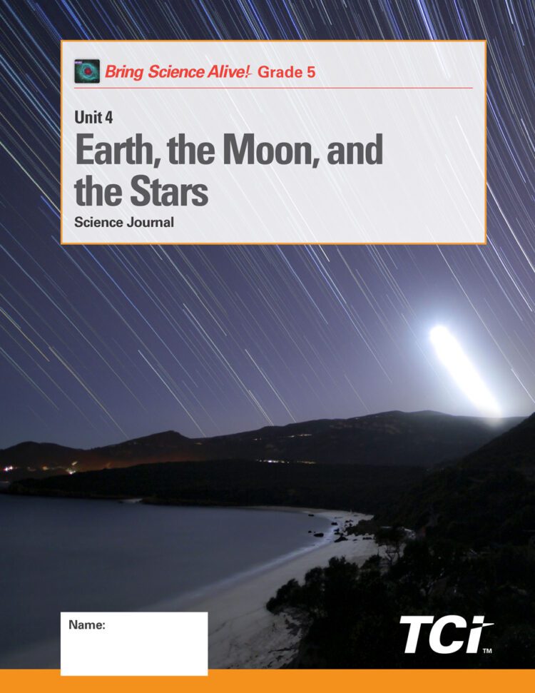 Night view of a coastline with a bright moon and stars in the sky; cover of a Grade 5 science journal.