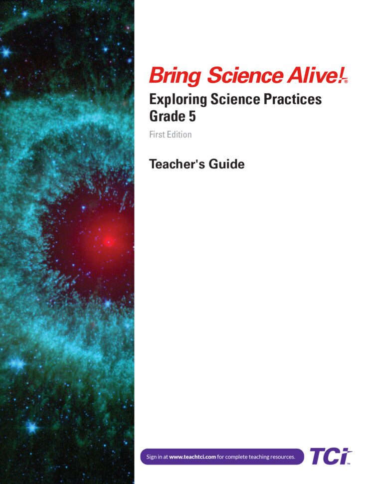 Cover of Bring Science Alive! Exploring Science Practices Grade 5 Teachers Guide, featuring a blue-green nebula.