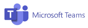 Microsoft Teams logo with stylized purple figures and text that says Microsoft Teams on a light background.