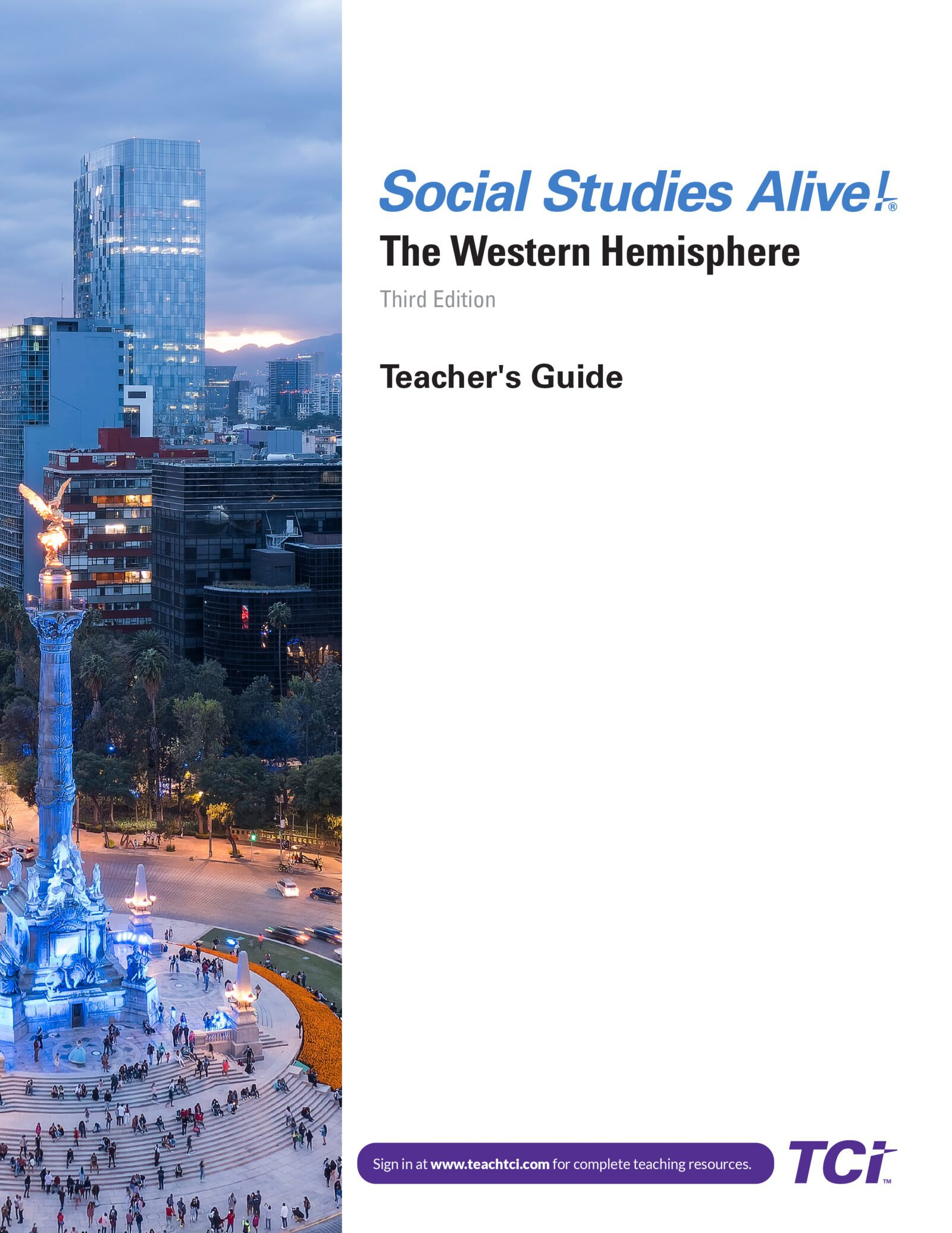 Cover of Social Studies Alive! The Western Hemisphere, Teachers Guide, with a cityscape and monument at dusk.