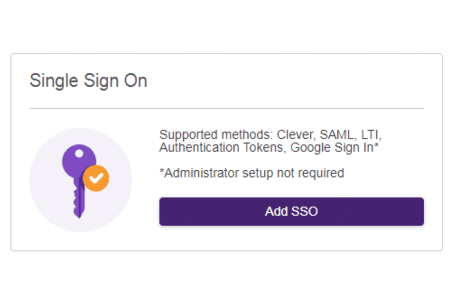 Single Sign On options with supported methods listed and a purple Add SSO button below a key icon.