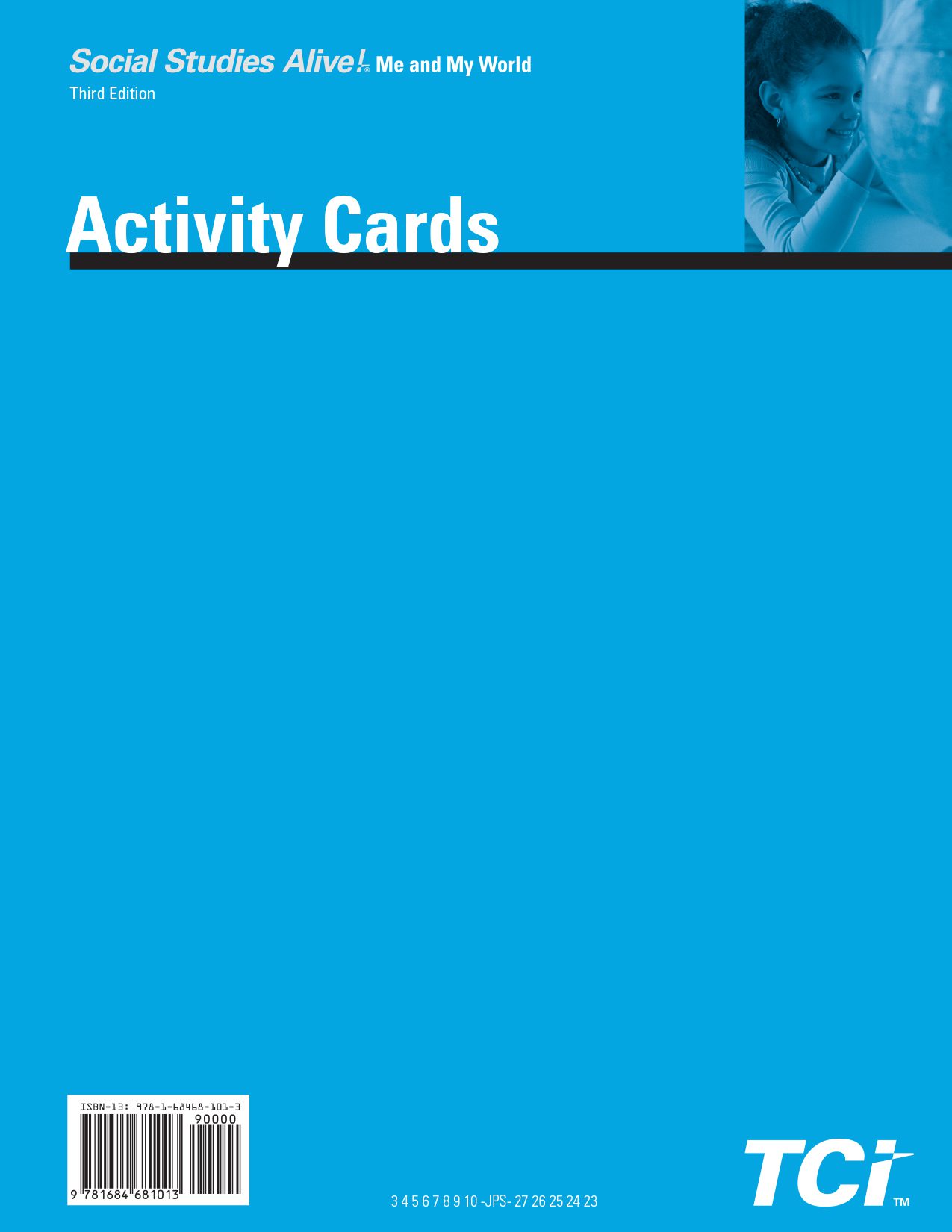 Cover of Social Studies Alive! Me and My World Activity Cards features a smiling child in the upper right corner.