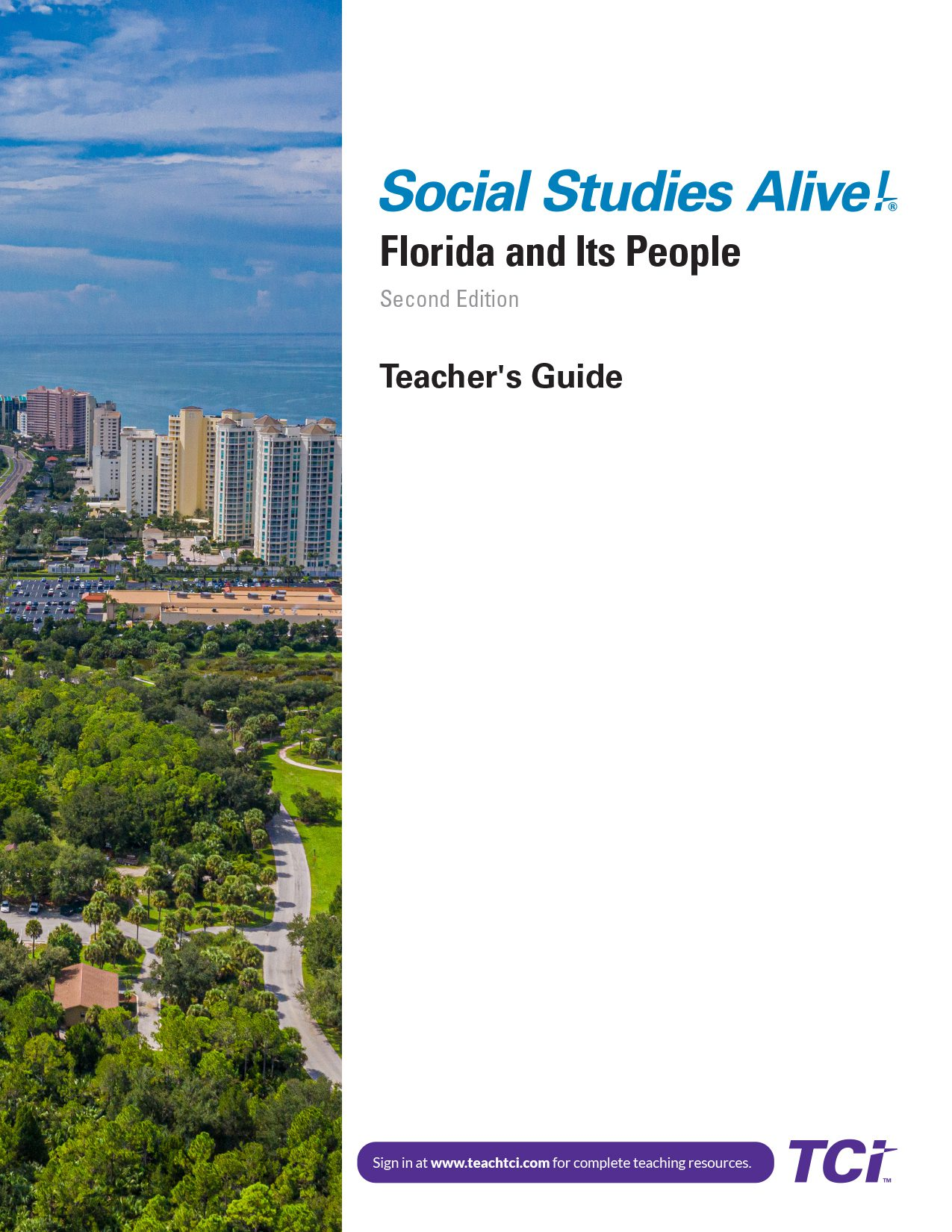 Aerial view of a Florida city with tall buildings and green trees, cover of a social studies teachers guide.