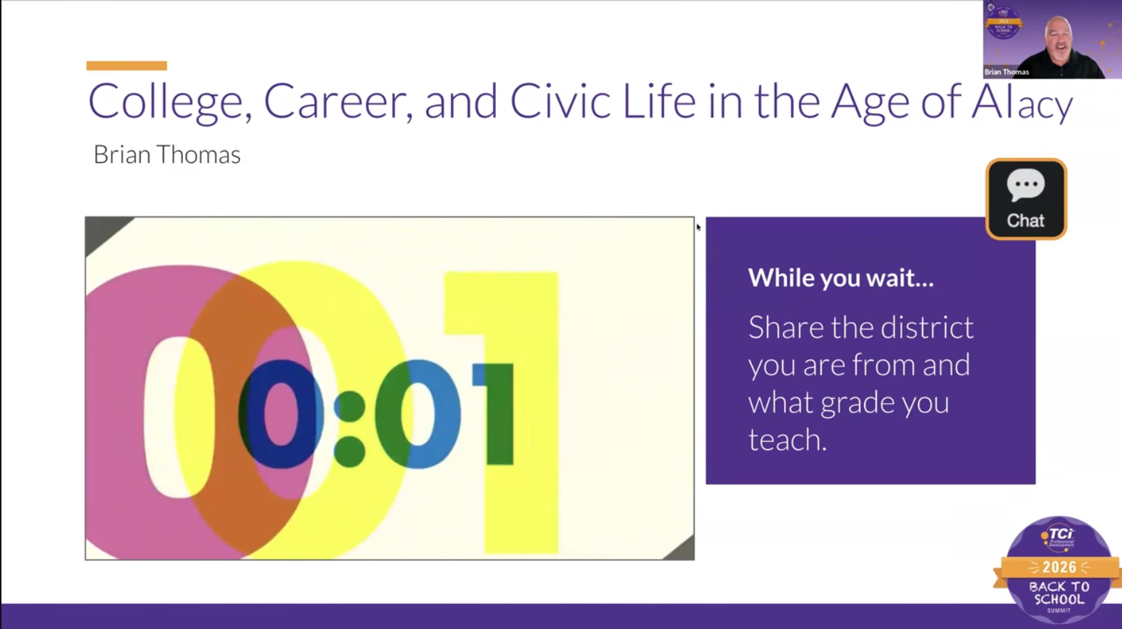 Presentation slide titled College, Career, and Civic Life in the Age of Alacy with a 1-minute countdown timer.