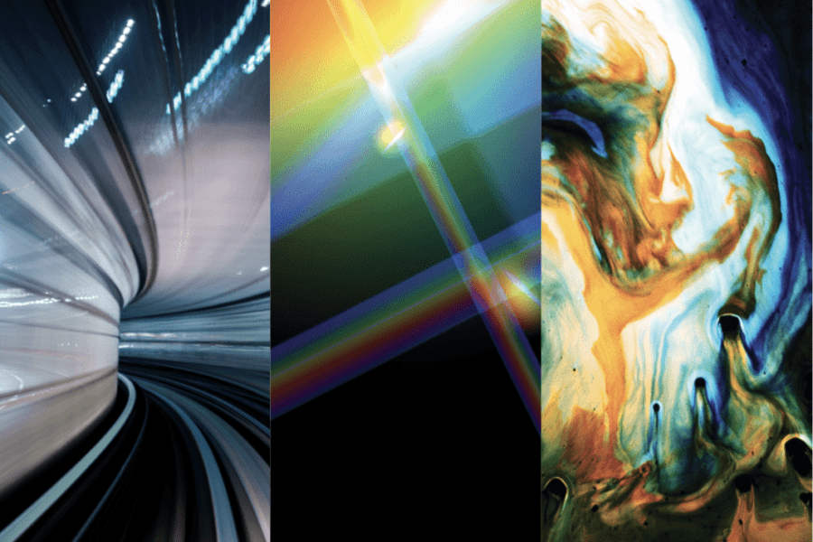 Three vertical panels: blurred tunnel lights, intersecting colorful beams, and swirling abstract paint patterns.