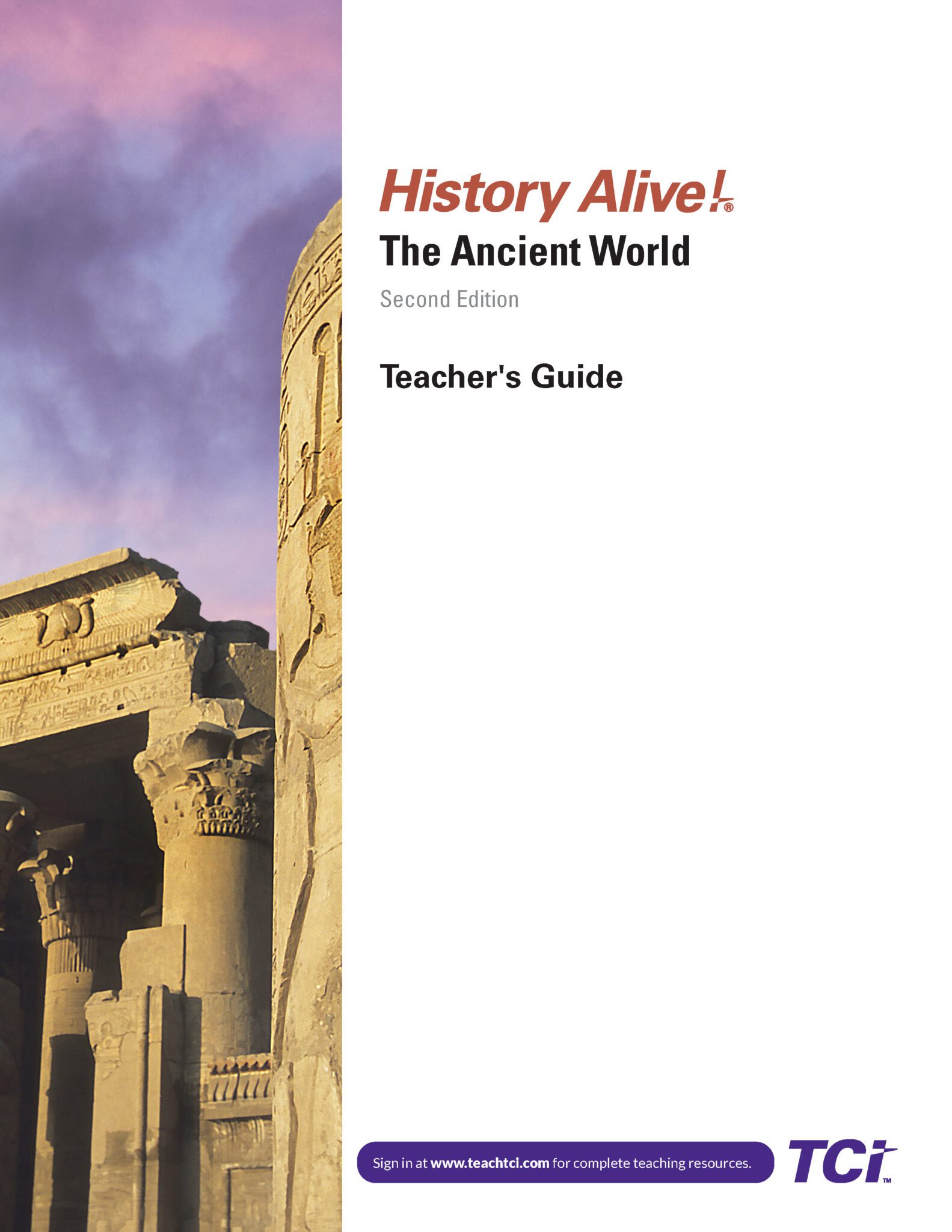Cover of History Alive! The Ancient World Teachers Guide with ancient columns and a purple sky on the left.