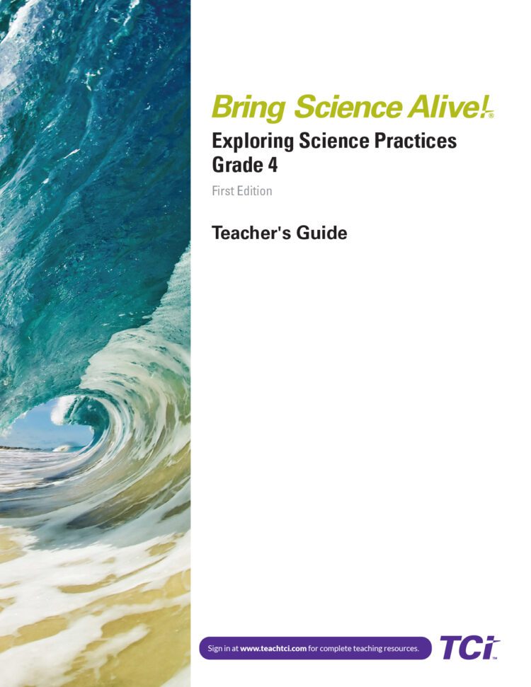 A large ocean wave next to the cover title Bring Science Alive! Exploring Science Practices Grade 4 Teachers Guide..