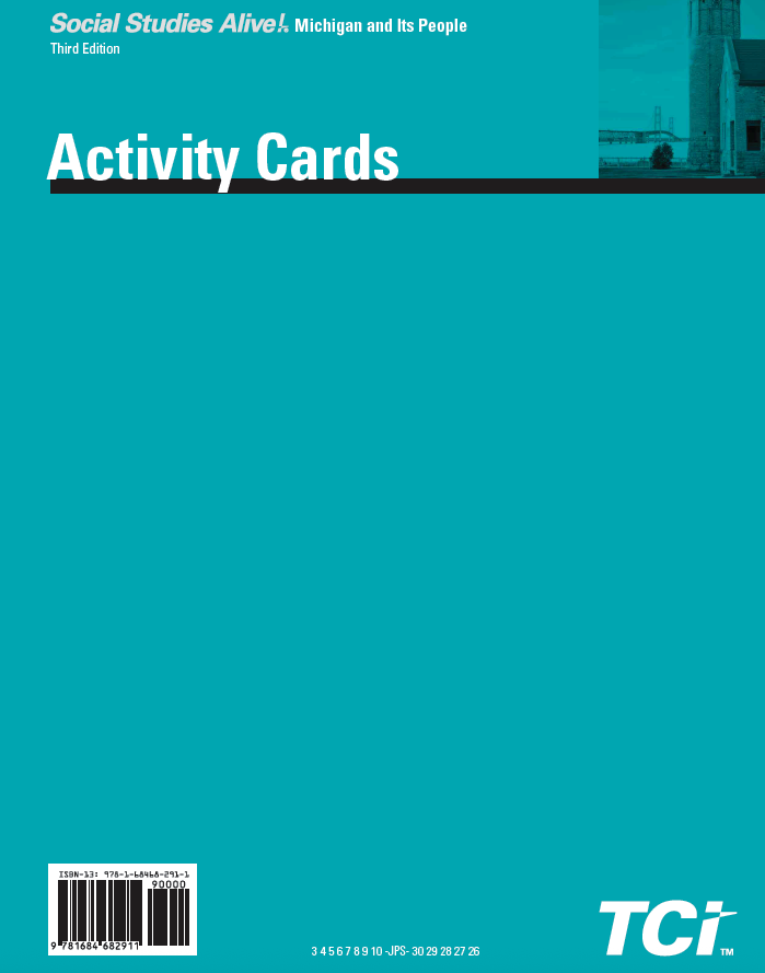 Turquoise cover of Social Studies Alive! Michigan and Its People Activity Cards, Third Edition by TCI.