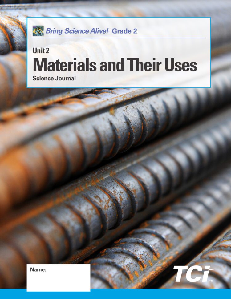 Close-up of stacked steel rebar with a label for a grade 2 science journal titled Materials and Their Uses..