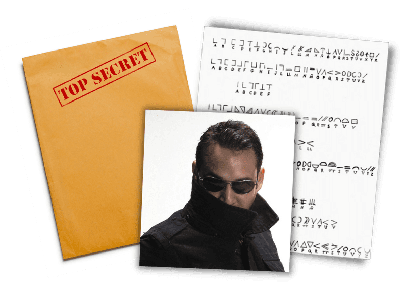 A Top Secret folder, a coded message, and a person in sunglasses and a dark coat looking mysterious.