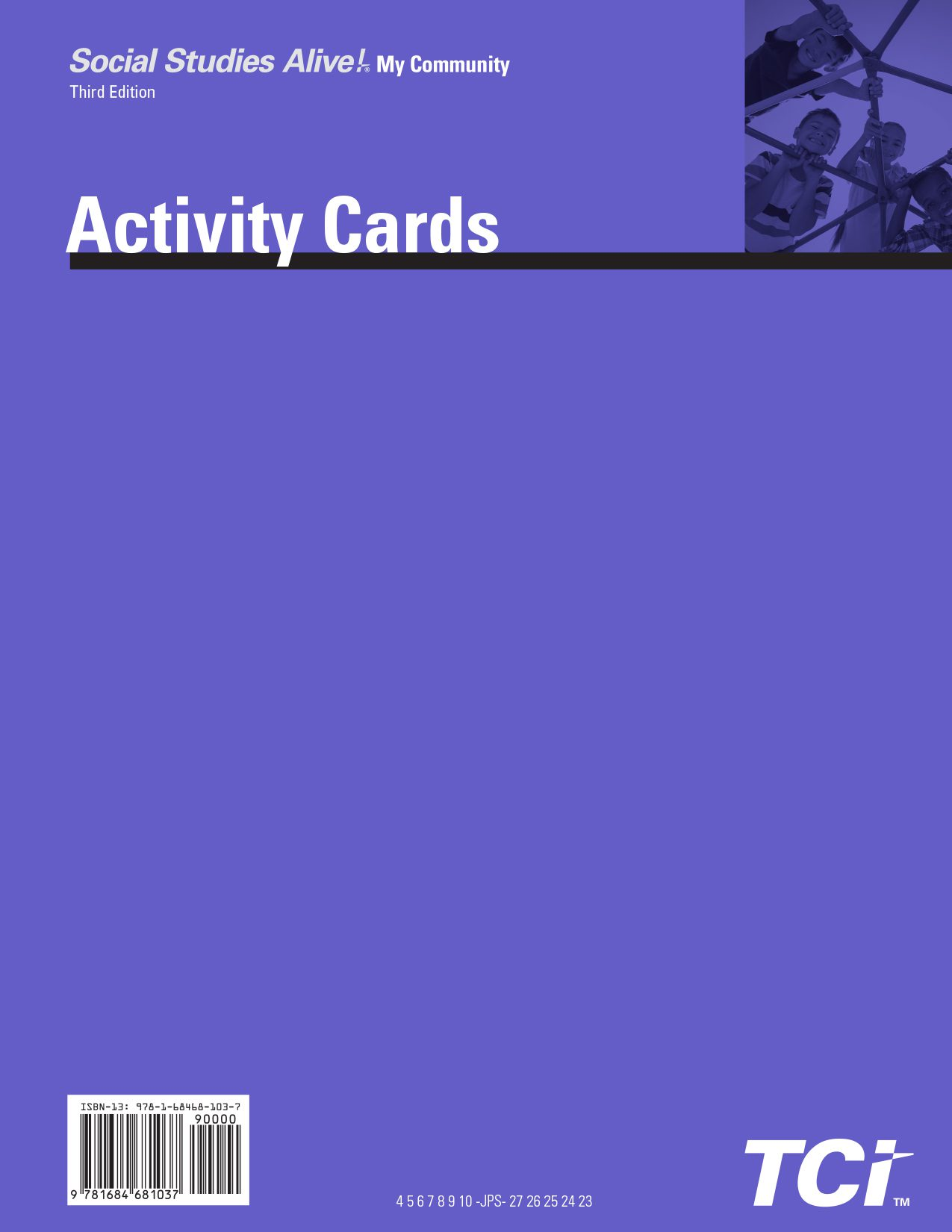 Purple cover of Social Studies Alive! My Community Activity Cards, third edition, with students on playground in corner.