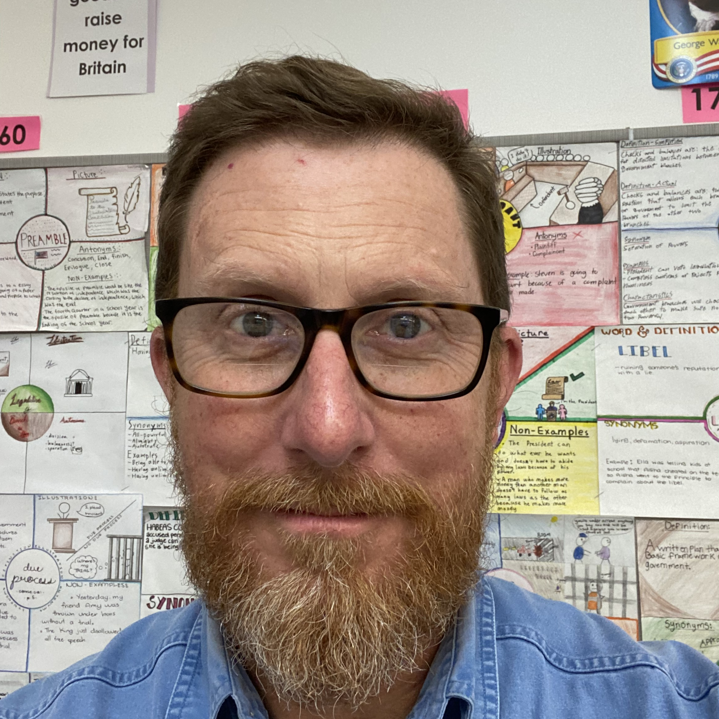 Man with glasses and a beard, wearing a blue shirt, stands in front of a wall covered in colorful notes and diagrams.
