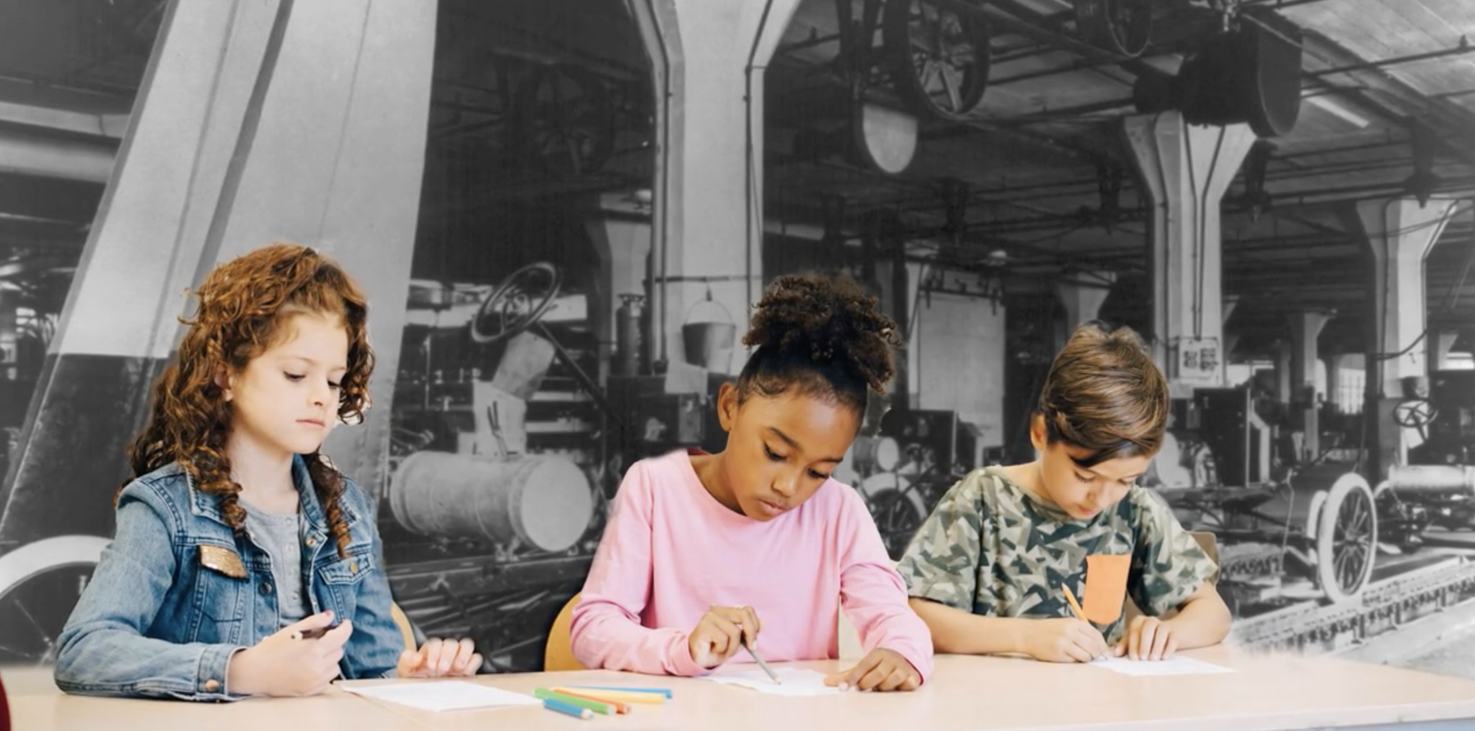 students drawing car parts in front of an assembly line background
