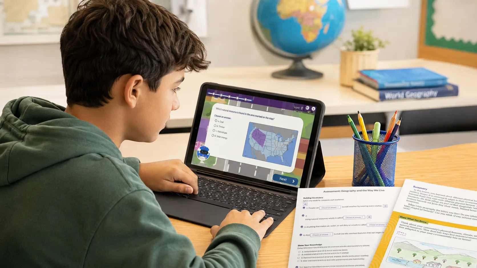 A student uses a laptop for a geography quiz, with worksheets and school supplies on the desk.