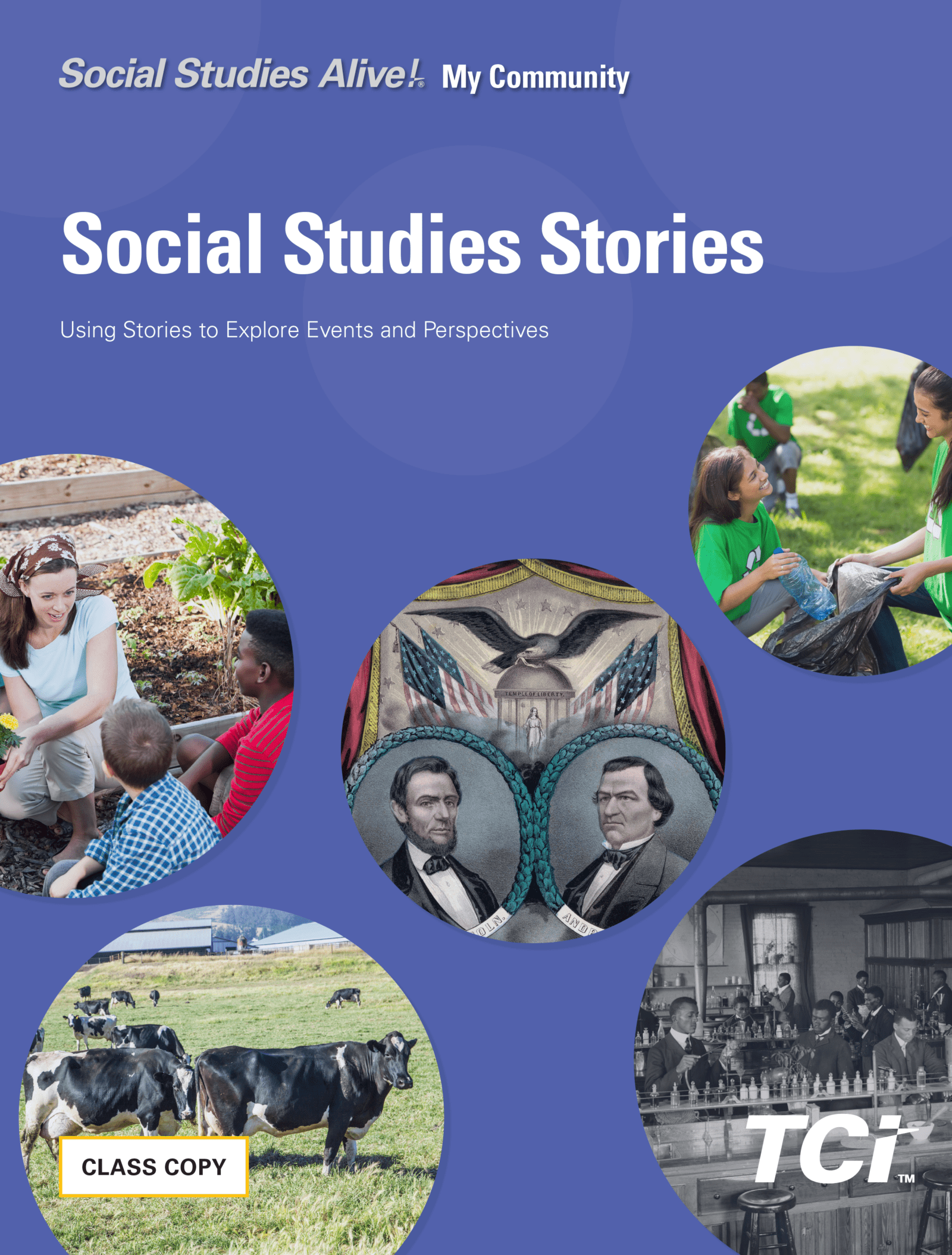 Five circular photos show children, cows, a historical painting, and a class in a social studies-themed collage.