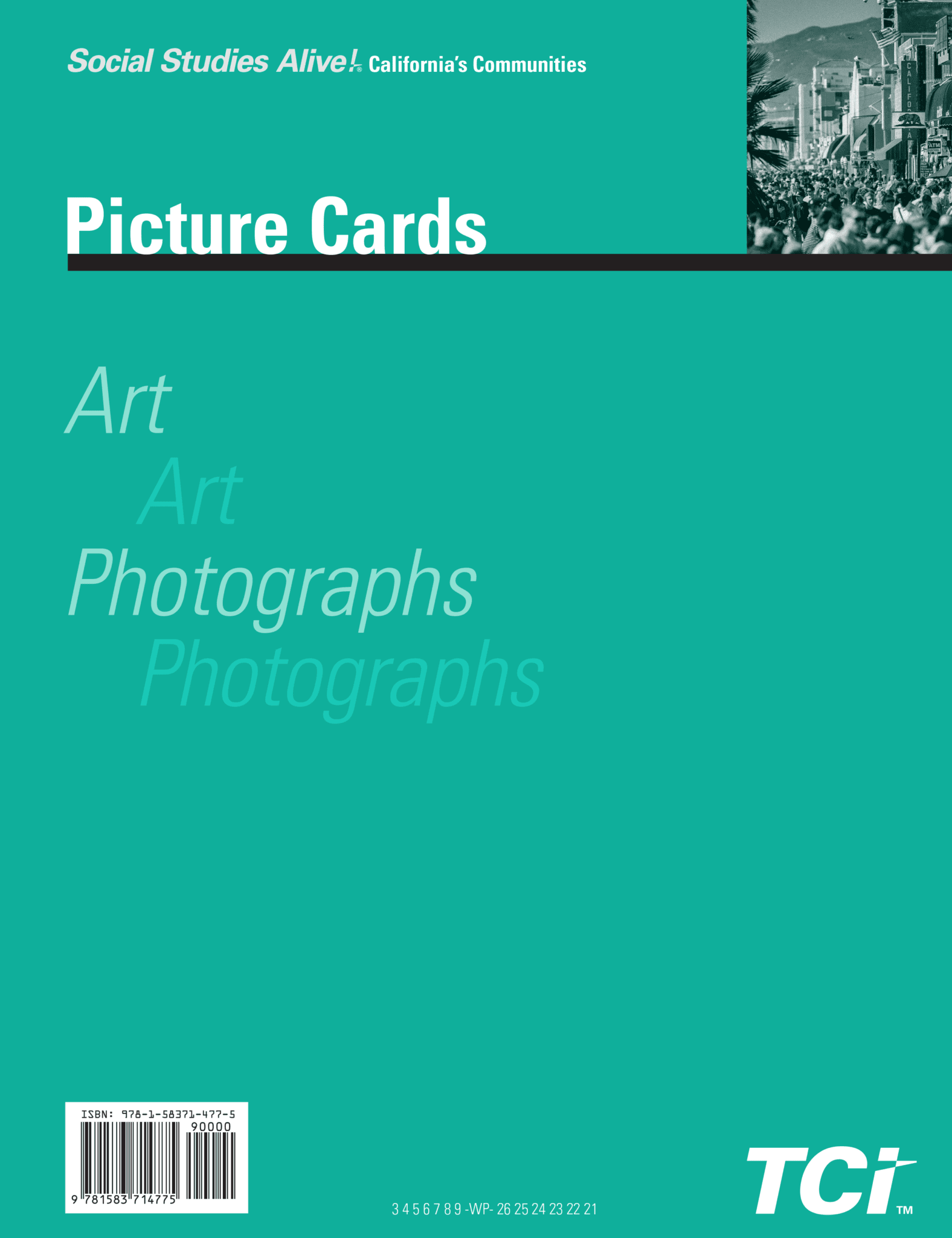 Teal cover of a Social Studies Alive! Picture Cards book, with Art and Photographs in faded text.