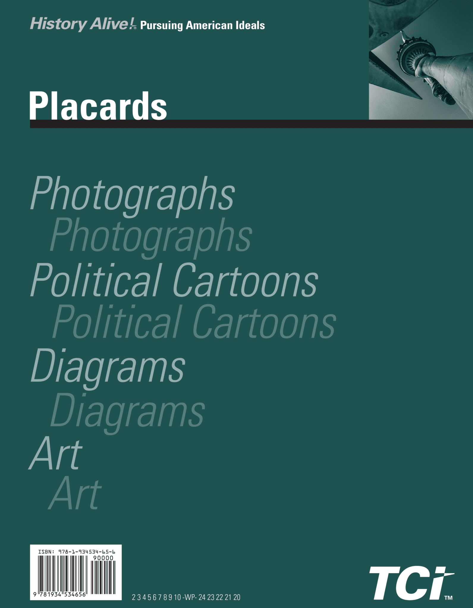 Green textbook cover titled Placards with lists: Photographs, Political Cartoons, Diagrams, and Art. TCI logo bottom right.