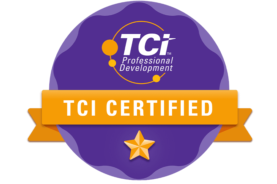 Purple badge with TCI Professional Development and a gold ribbon reading TCI Certified above a gold star.