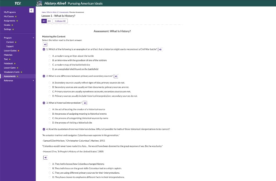 Screenshot of an online history lesson quiz with multiple-choice questions about the definition and study of history.