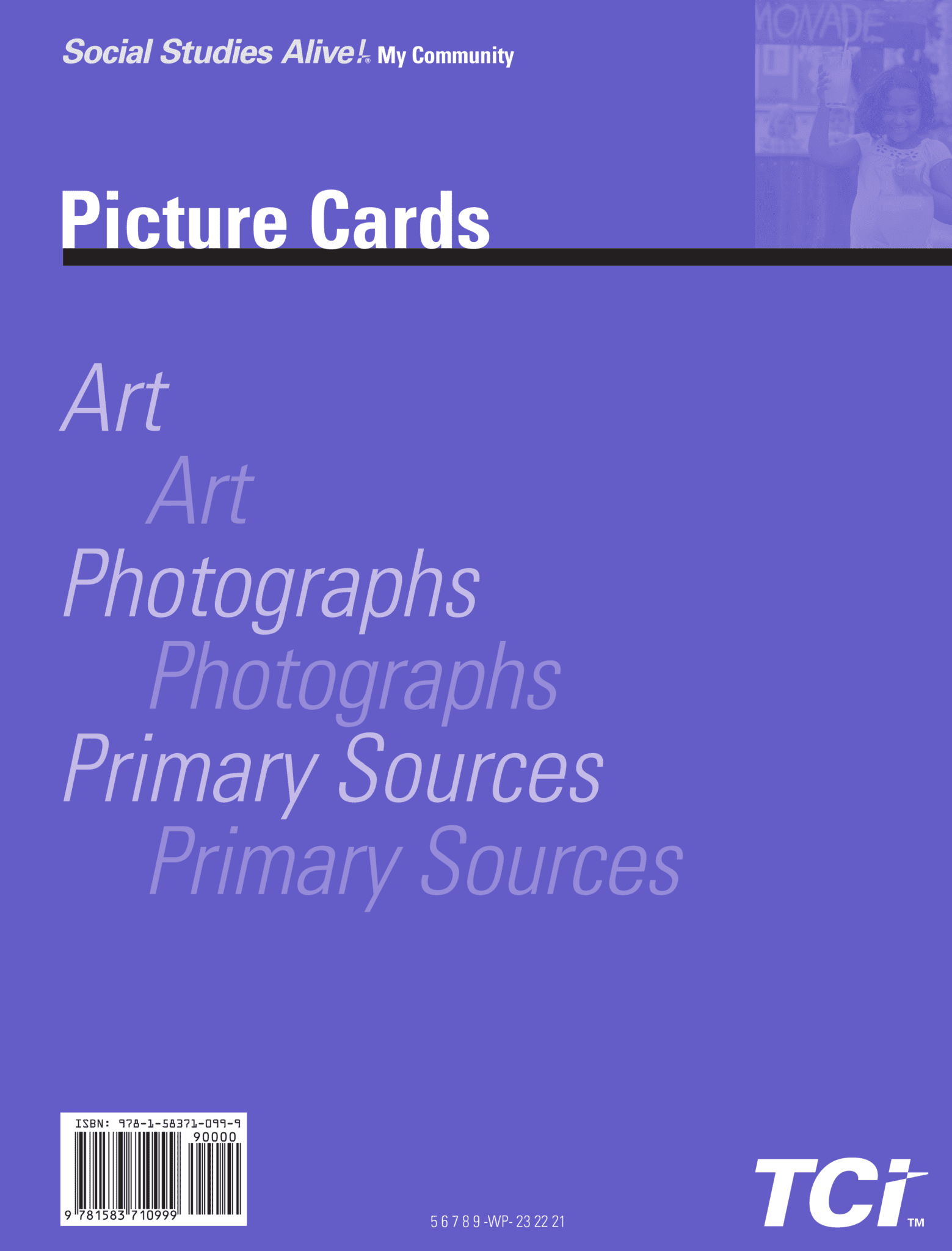 Purple cover for Social Studies Alive! My Community Picture Cards with words: Art, Photographs, Primary Sources.