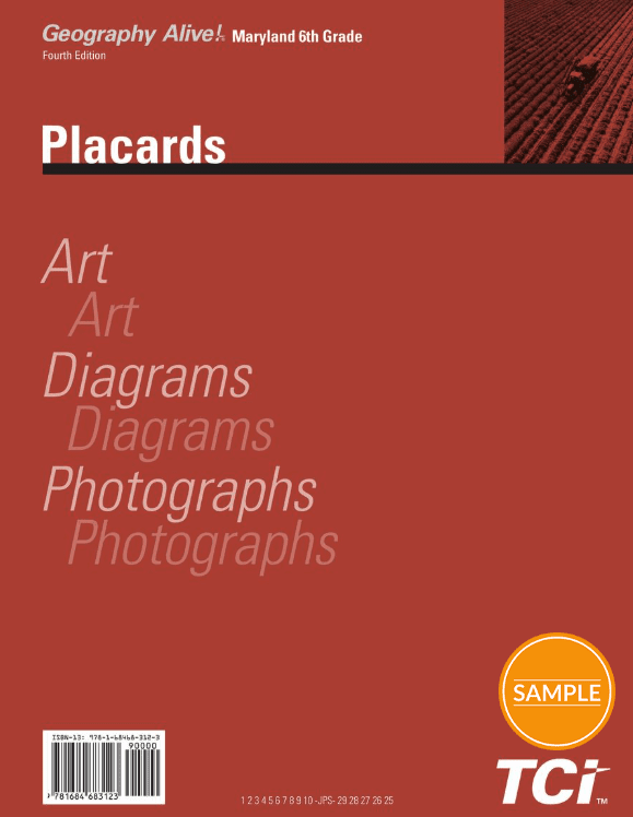 Red textbook cover titled Placards with faded text for Art, Diagrams, and Photographs; Sample label at bottom.