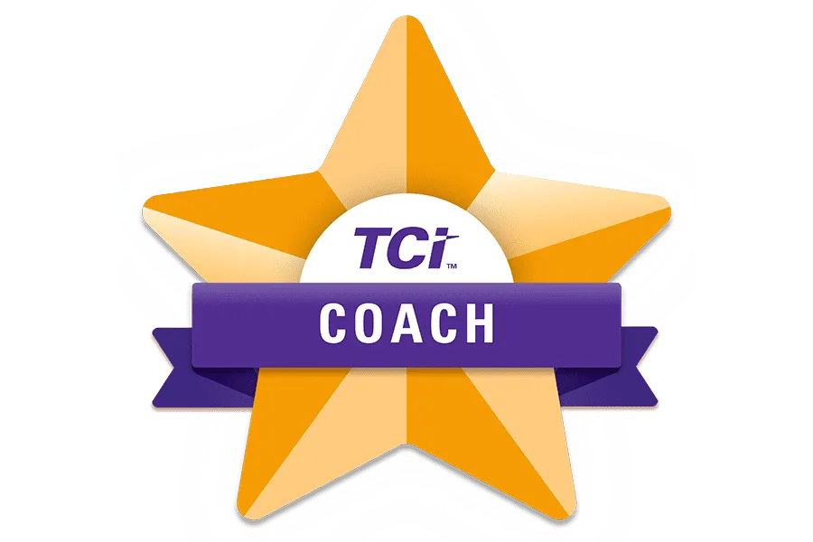 Gold star with TCI in the center and a purple ribbon below labeled Coach on a white background.
