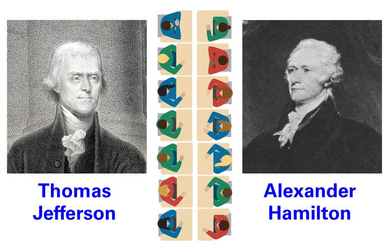 Black-and-white portraits of two men, with their names below and a column of colorful seated figures between them.