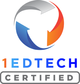 Circular arrow logo above 1EdTech CERTIFIED in bold blue, orange, and gray text on a light background.