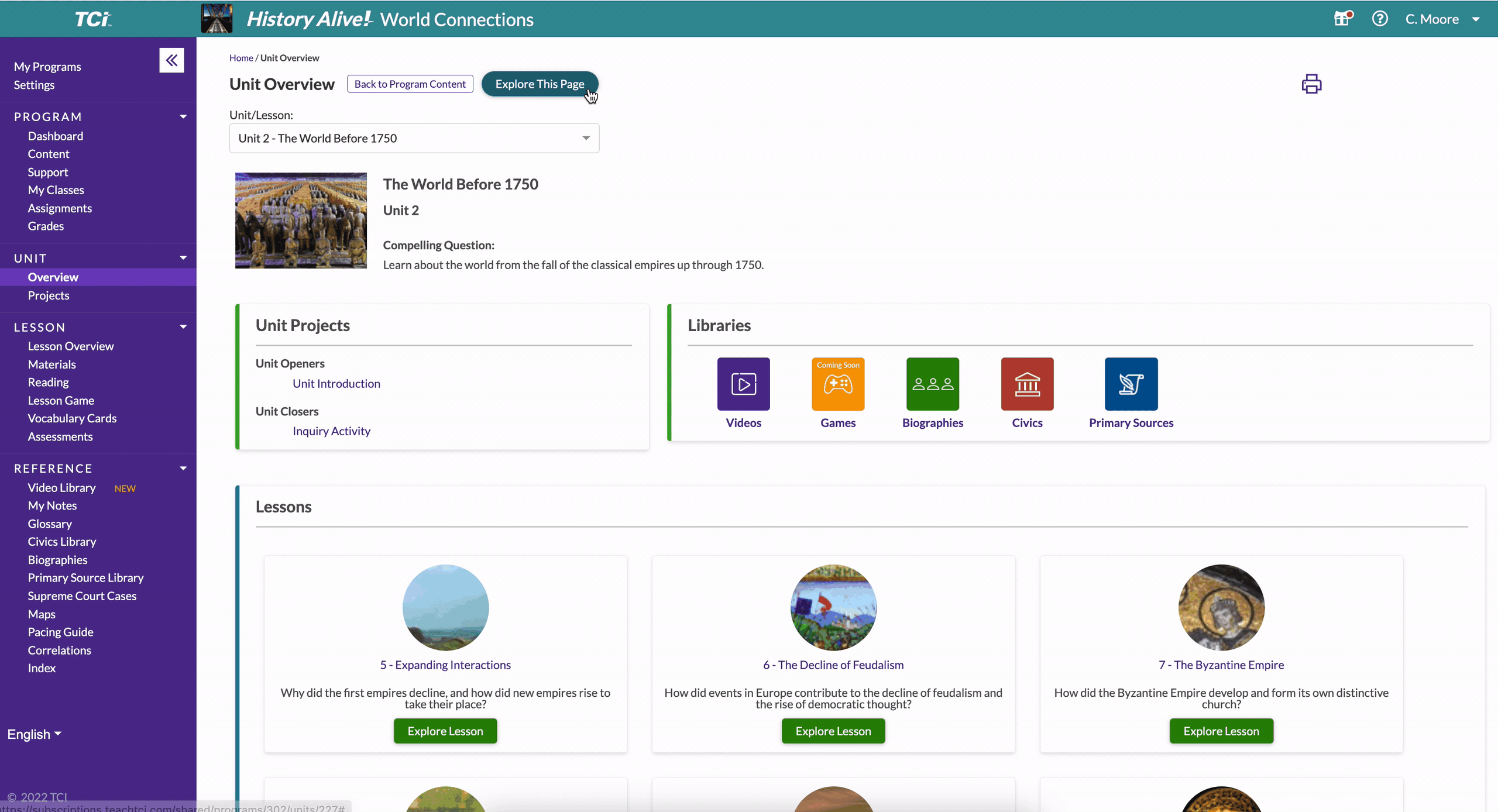 Screenshot of a history lesson dashboard with menus, unit overview, libraries, and lesson cards displayed.