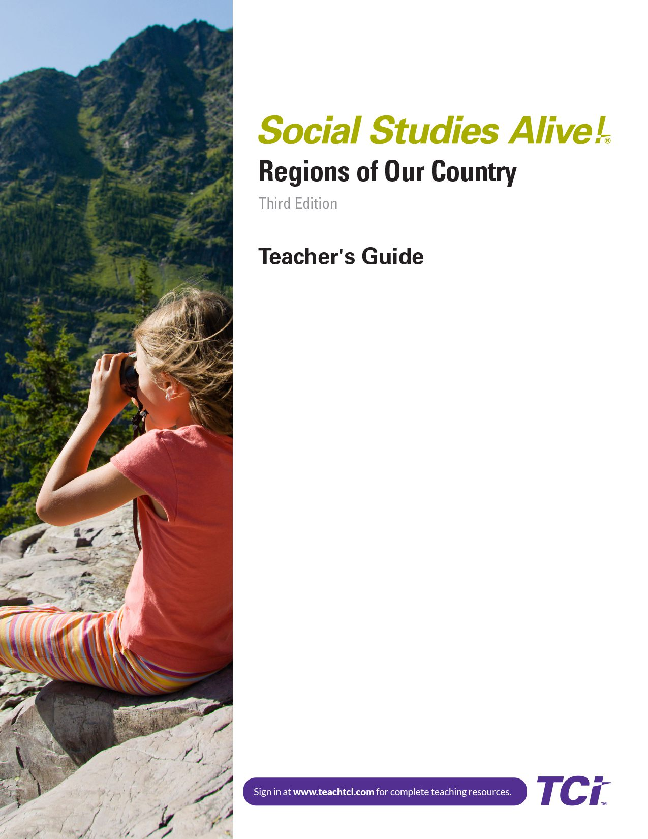 Girl in striped shirt using binoculars on rocky ledge, mountains and trees in background; textbook cover text on right.