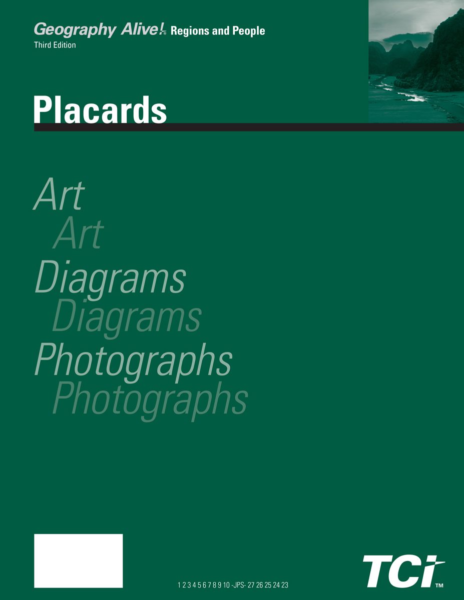 Green textbook cover titled Geography Alive! Regions and People Placards with art, diagrams, and photographs listed.