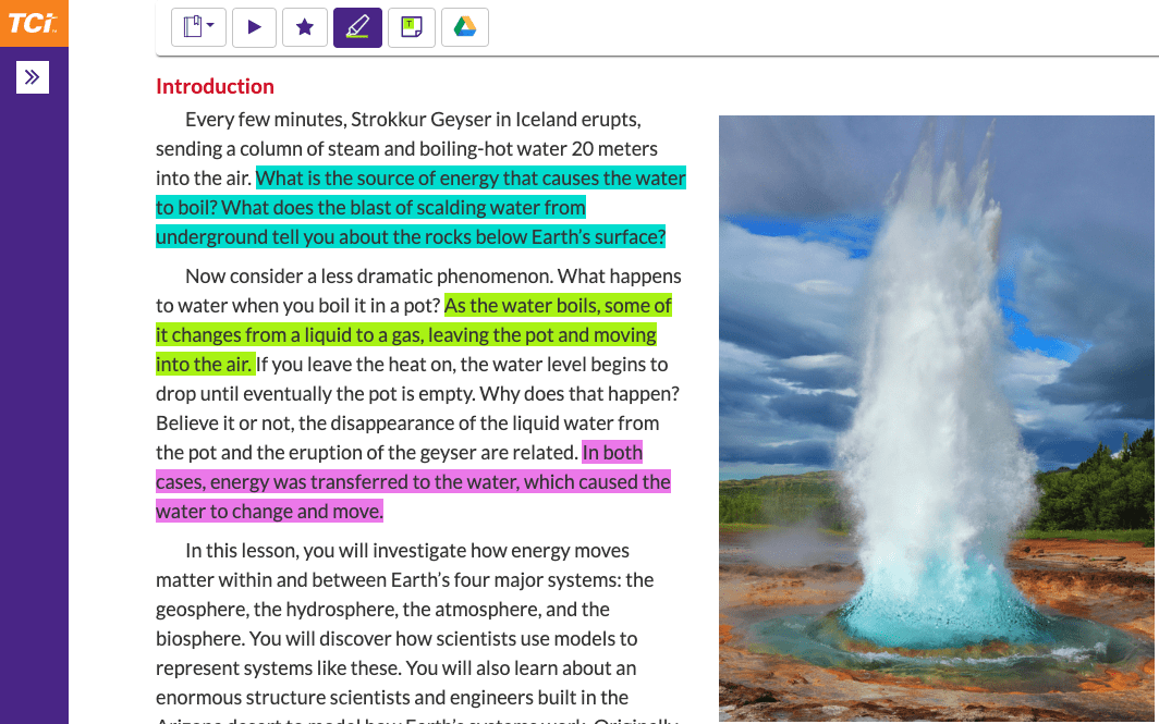 A science textbook page explains geysers with highlighted text and an image of a geyser erupting with steam and blue water.