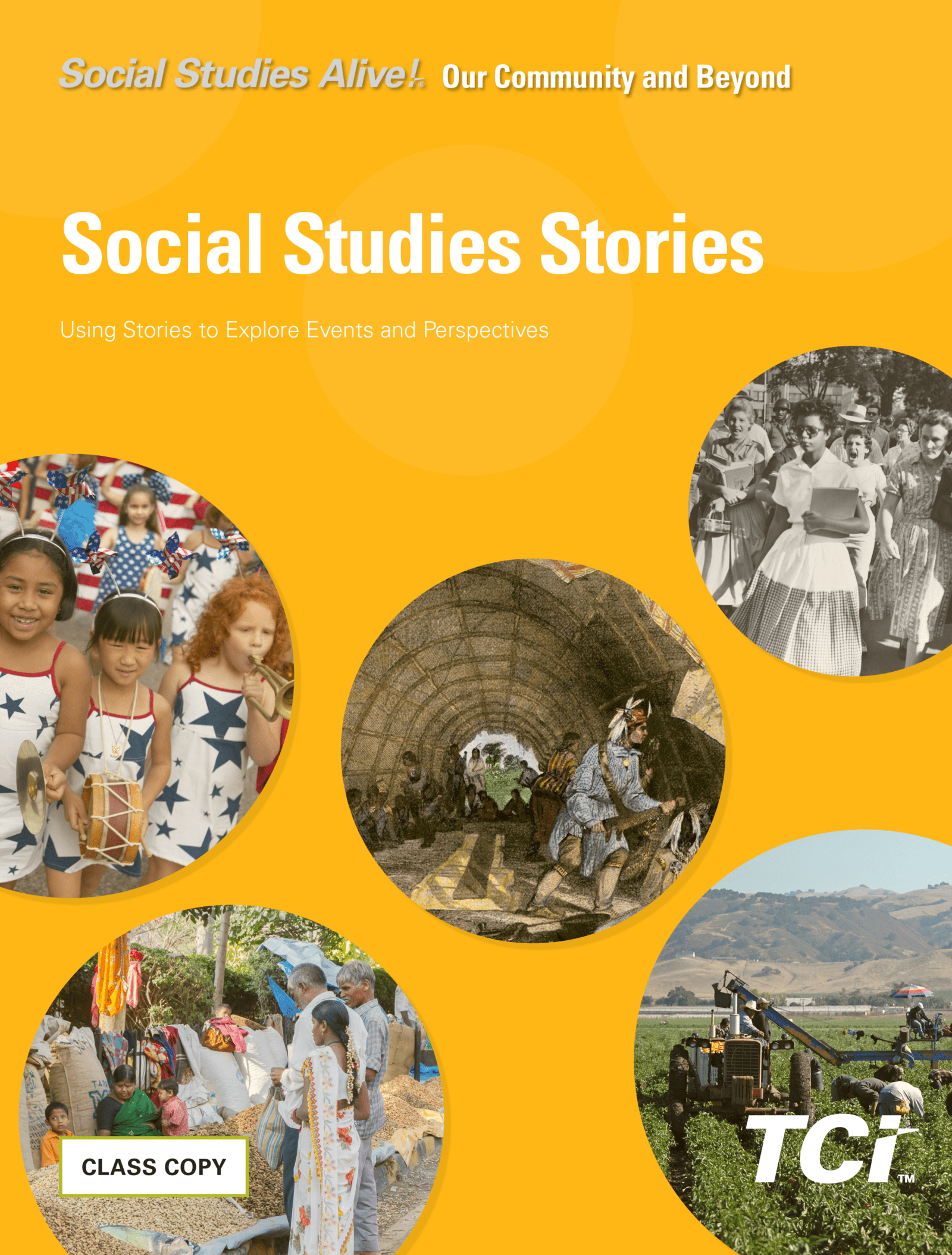 Five photos of diverse people in historical and modern settings, set on an orange background with text about social studies.